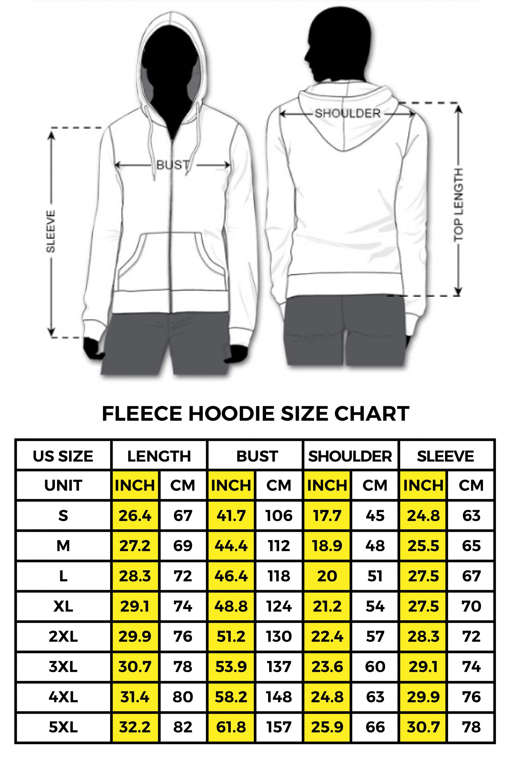 fleece hoodie size chart