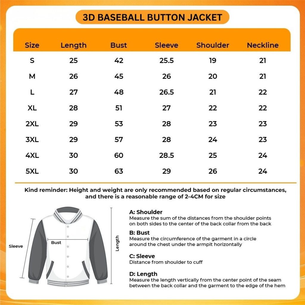 3D Baseball Button Jacket Size Chart 1 - Anime Jacket Store