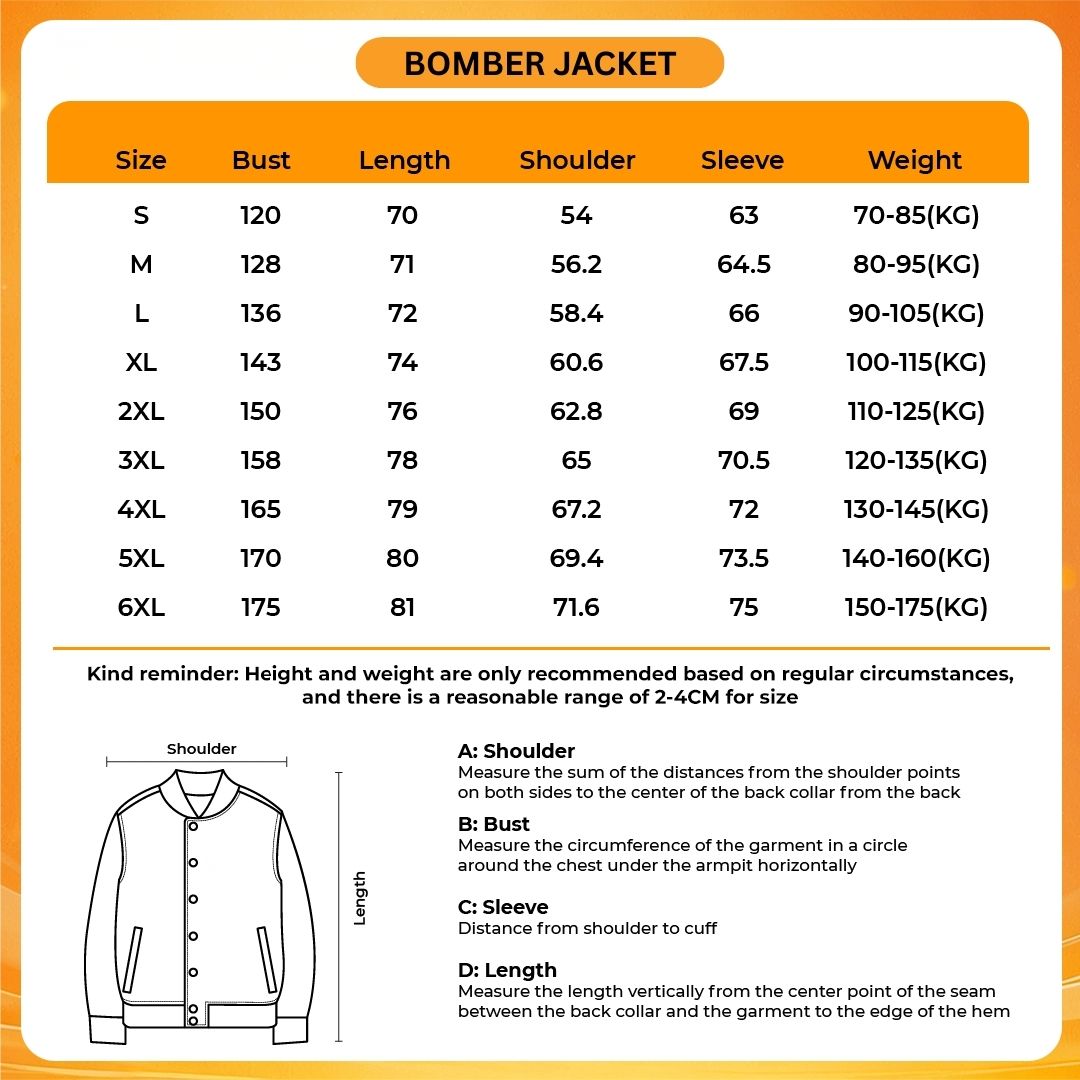 Bomber Jacket Size Chart - Anime Jacket Store